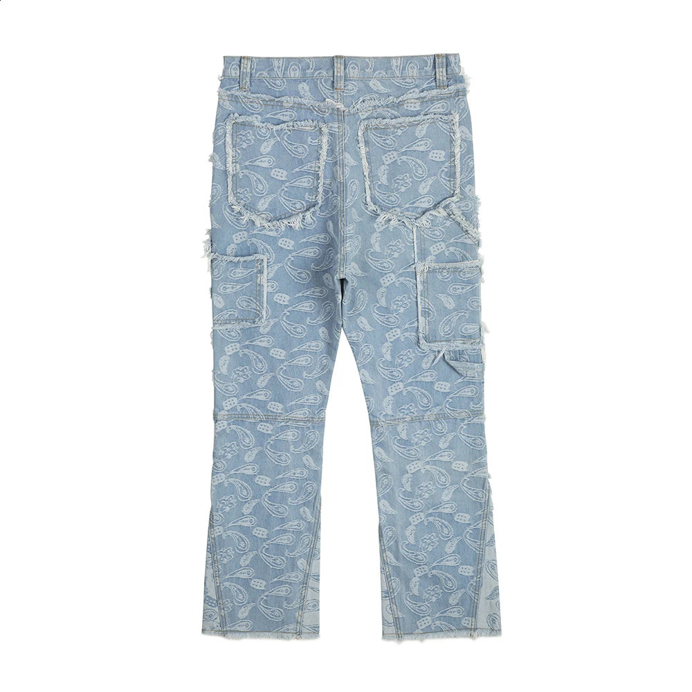 Y2k Frayed Urban Cashew Flower Full Print Patchwork Baggy Flare Jeans for Men Straight Pantalones Hombre Oversize Denim Trousers 240821