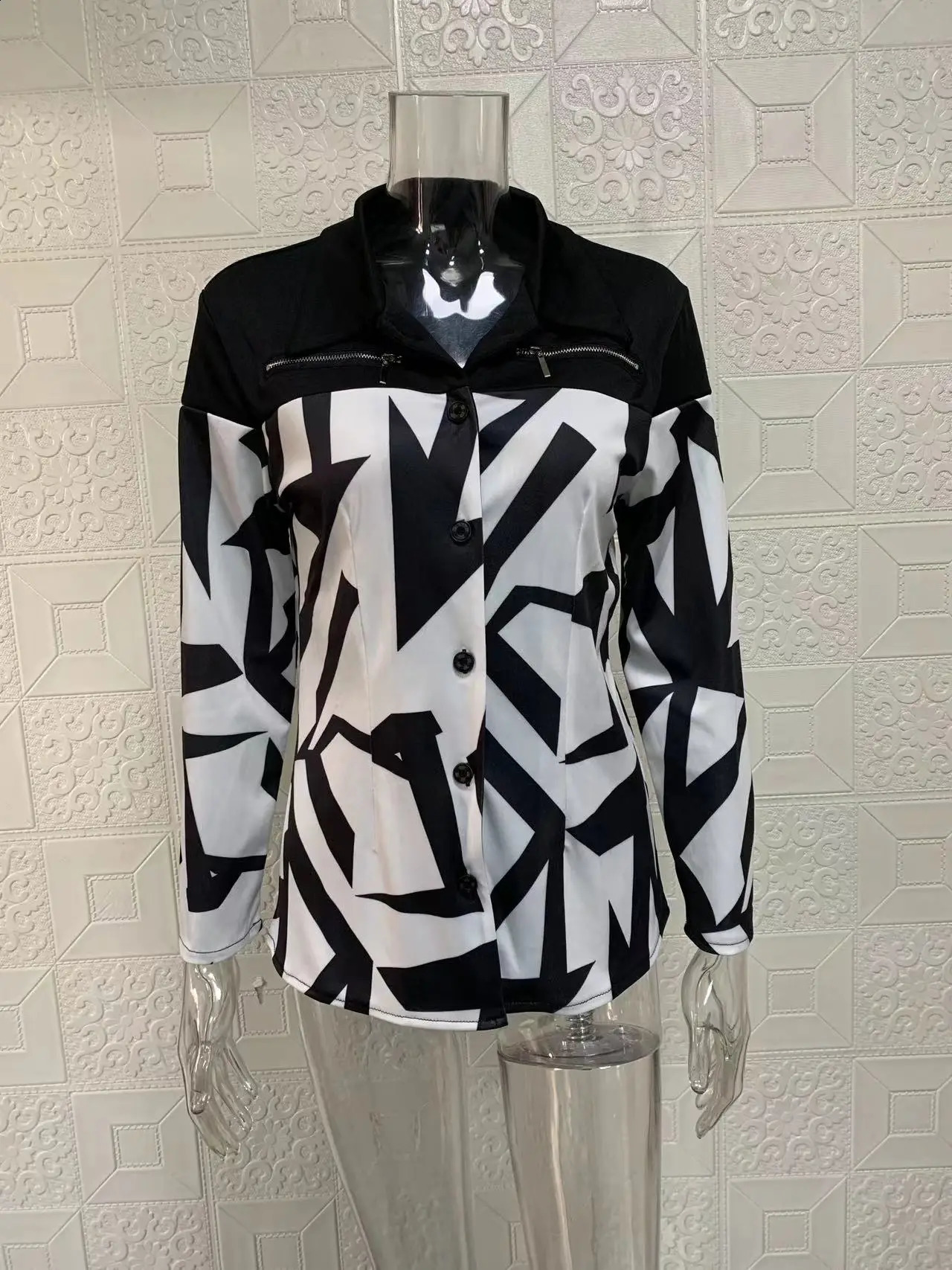 European and American long sleeved single breasted color blocking printed lapel jacket 240802