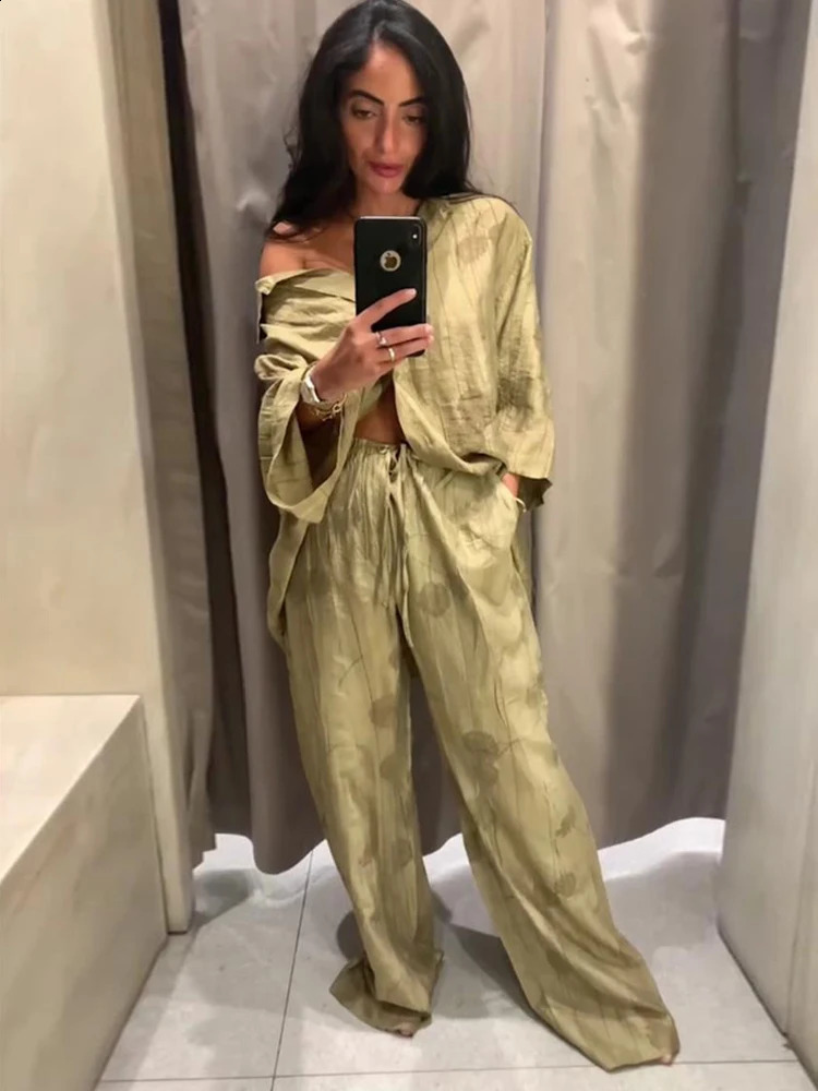 Linen Tie-dye Print Long Pants Sets For Women Lapel Half Sleeve Single Breasted Shirts Drawstring Wide Leg Pant 2 Pieces Set 240729