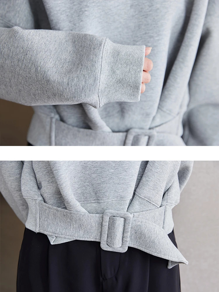 Stylish Grey Sweatshirts Autumn Winter Women Plain Long Sleeve Belt Waist Loose Casual Oversize Pullovers Korean Short Jumper 240813