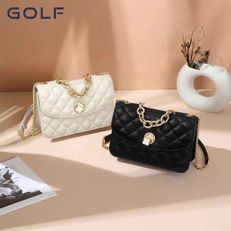 GOLF Bag AutumnWinter Womens Genuine Leather Versatile One Shoulder Diamond Grid Chain Diagonal Straddle 240802