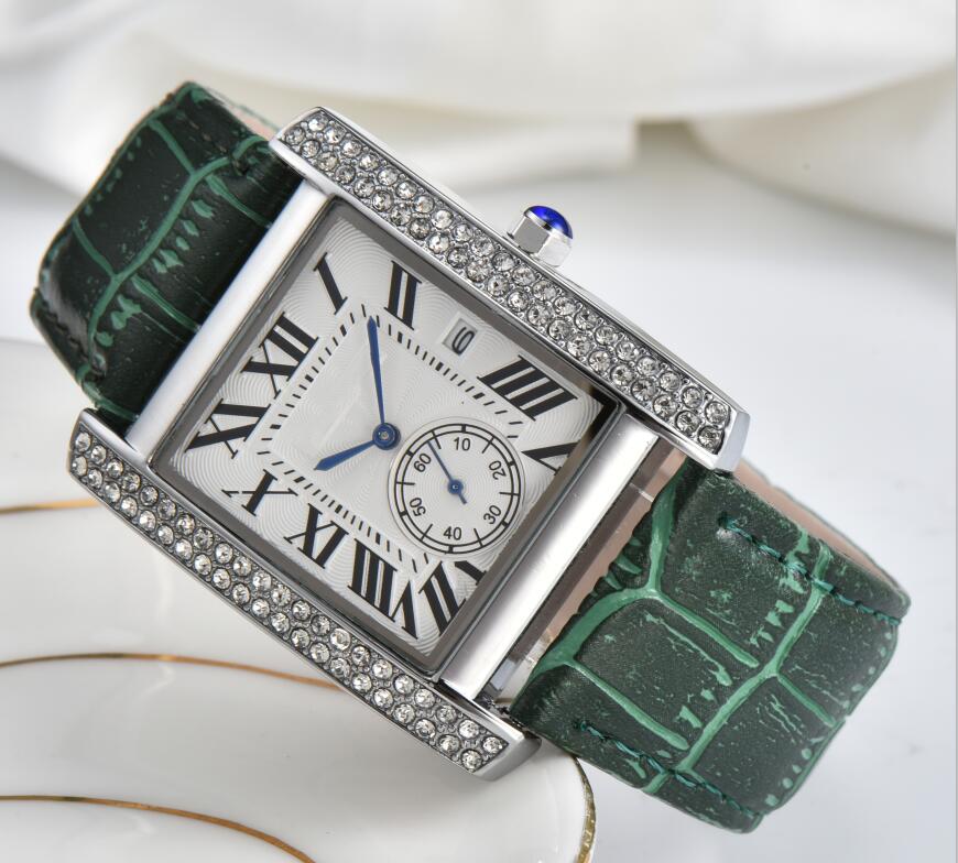 Top Brand Square One Eye Mens Watches Half Two Pins Chronograph Diamond Clock Man Iced Out Red Blue Green Brown Cow Leather Quartz Movement tank-must-design Watch