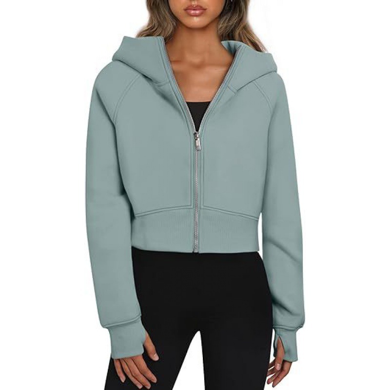 Crop Hoodie Womens Fleece Thickened Yoga Jacket Short Full Zipper Sport Hooded Loose Coat Cardigan Sweatshirt