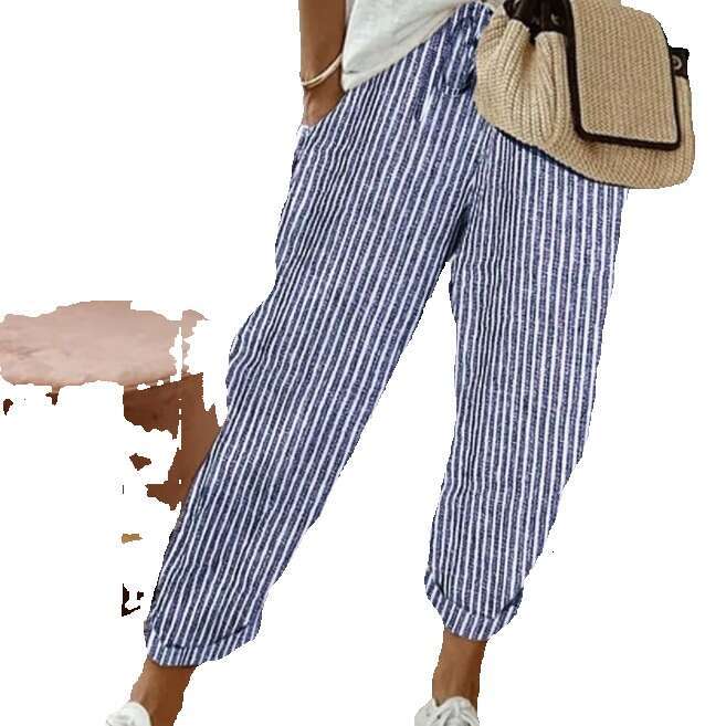 2024 Summer New Striped Casual Pants Loose Elastic Waist for Women Cotton Trousers Harlan Sweatpants Overalls Nine Points and Sweat Pants Unisex