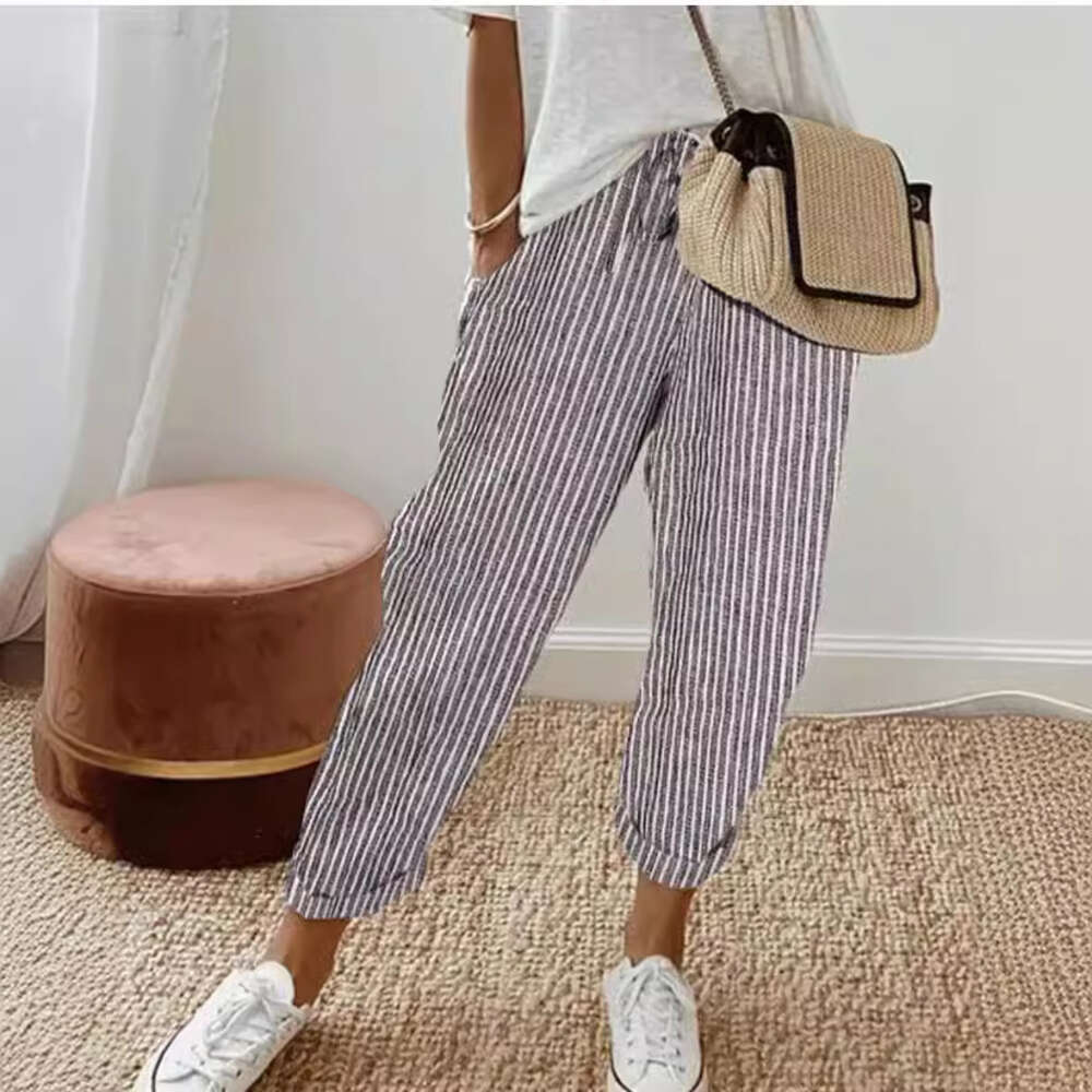 2024 Summer New Striped Casual Pants Loose Elastic Waist for Women Cotton Trousers Harlan Sweatpants Overalls Nine Points and Sweat Pants Unisex