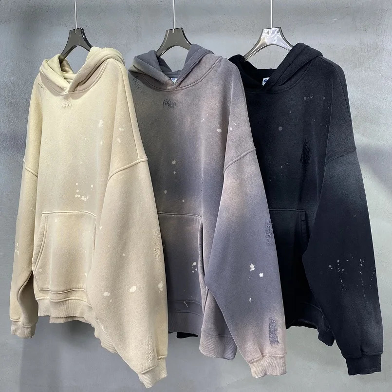 Street Wear Speckled Ink Rubbed Hooded Hoodies Fashion Sense Distressed Winter Coat Mens and Womens Baggy Washing Clothes 240805