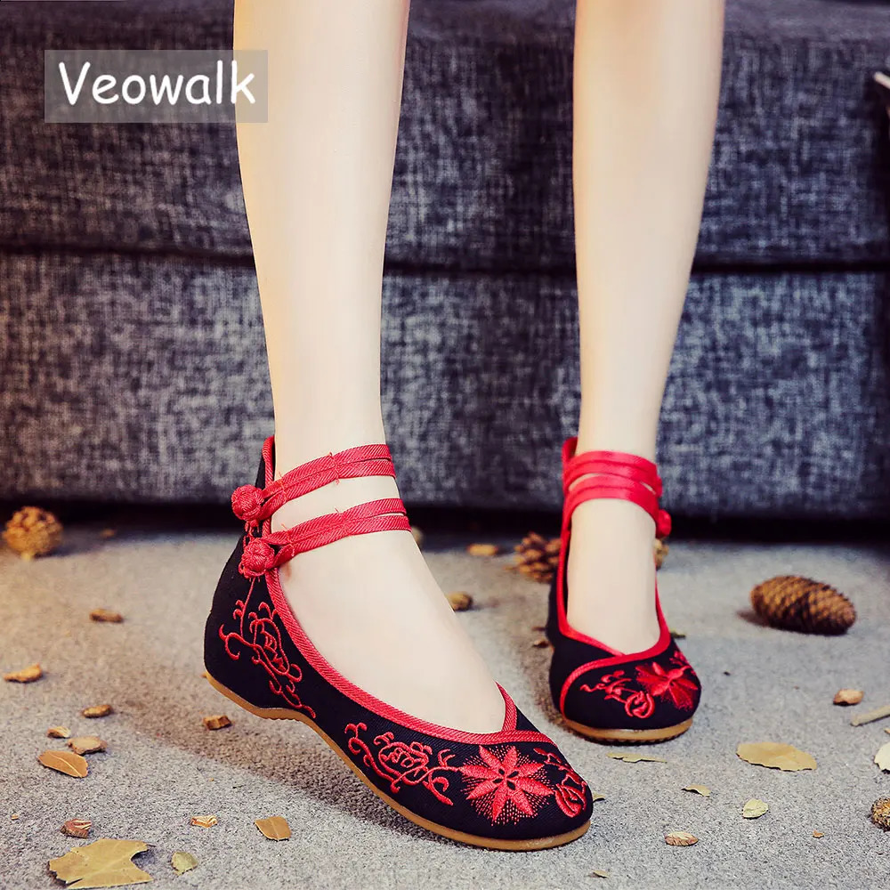 Veowalk Sunflower Embroidery Womens Canvas Ballet Flat Leg Shoulder Straps Womens Casual Cotton Chinese Embroidery Ballet Shoes 240802