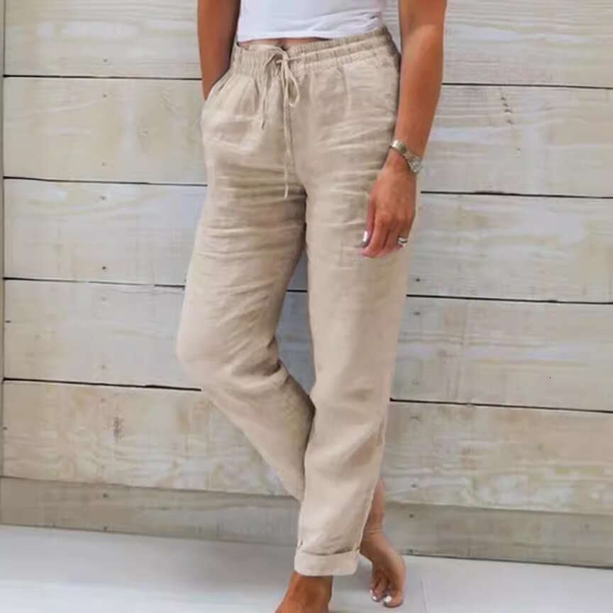 2024 Summer Elastic Waist Solid Color Cotton Hemp Wide Leg Loose Pants Womens Wear Cotton Trousers Straight Tube Plaid Trousers Overalls Gold Velvet P
