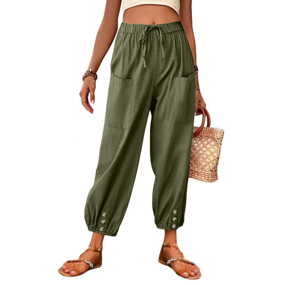 2024 Loose Fit High Waisted Buttoned Cotton and Linen Cropped Pants Wide Leg Womens Pants Straight Tube Waterproof Trousers Man Pants Trousers Cartoon