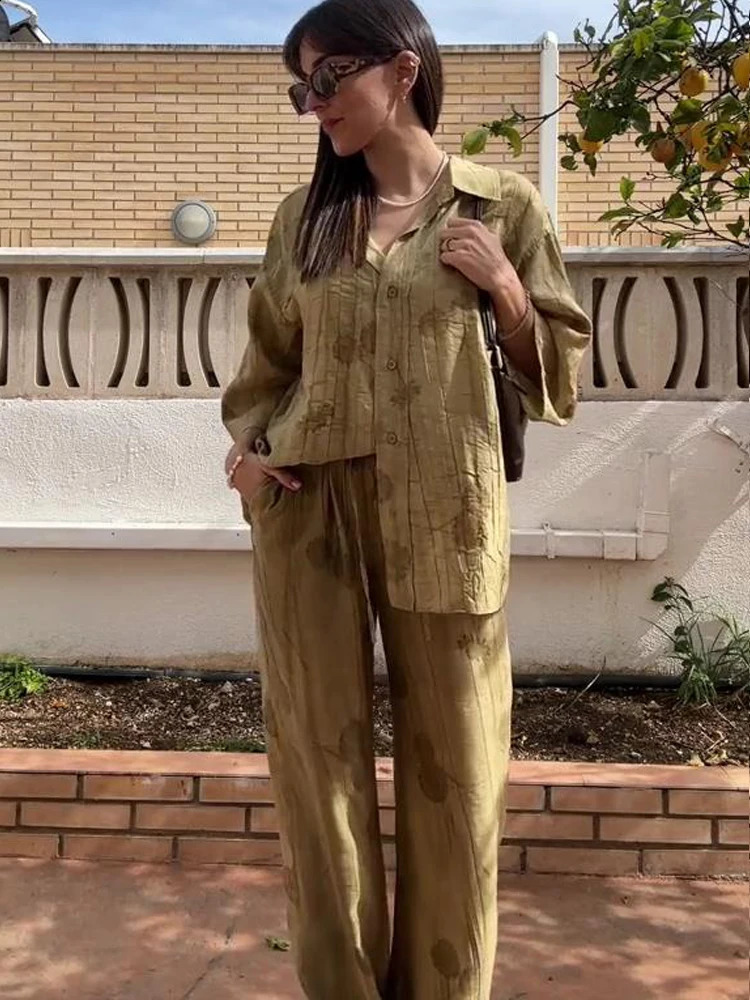 Linen Tie-dye Print Long Pants Sets For Women Lapel Half Sleeve Single Breasted Shirts Drawstring Wide Leg Pant 2 Pieces Set 240729