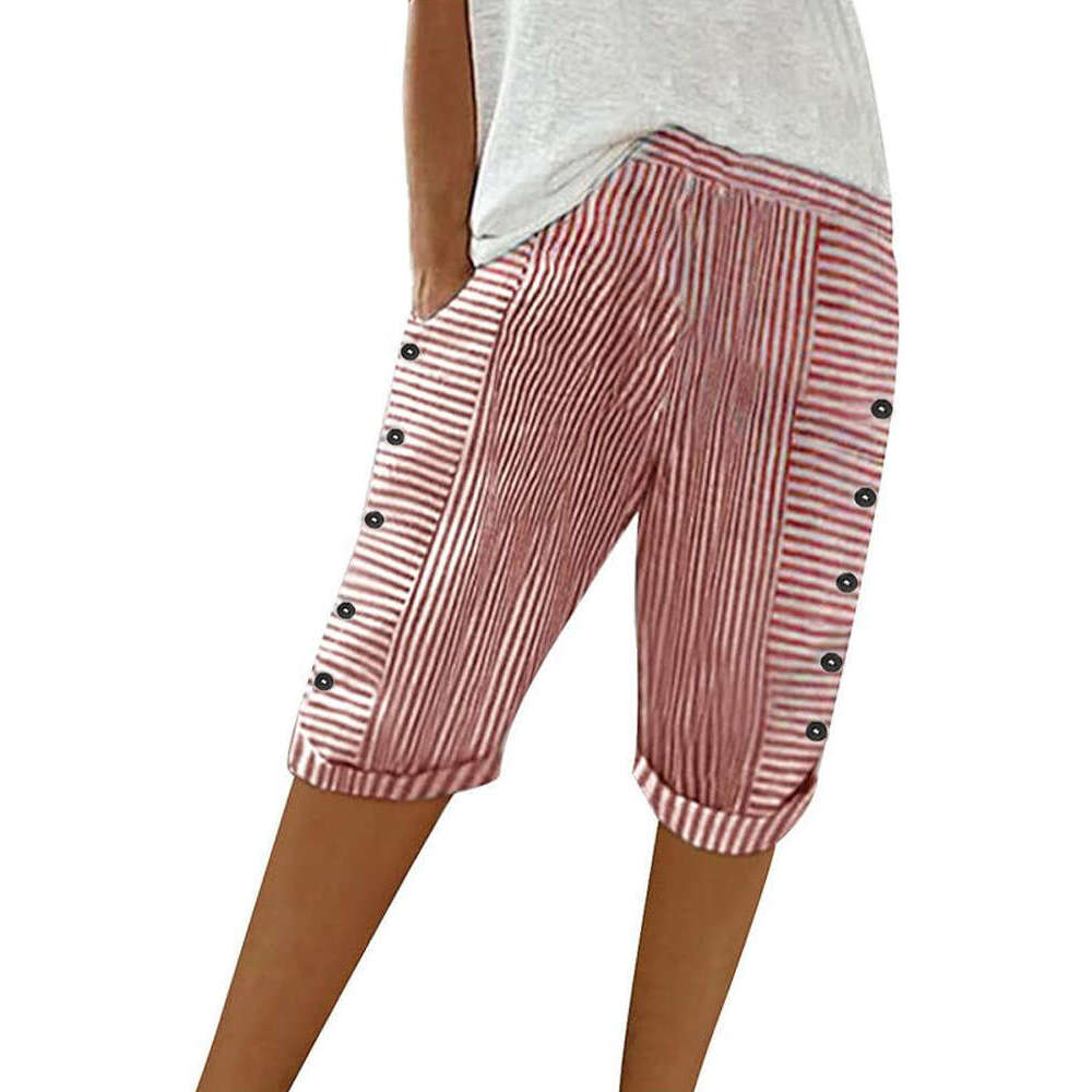Womens Striped Printed Summer Knee Length Bermuda Casual Elastic Waist Button Shorts Hip-hop Style and Sweat Pants Unisex Waterproof Trousers Man