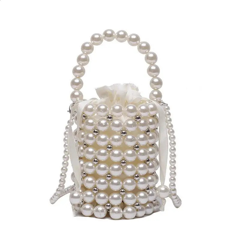 Womens small bucket handbag cross body bag womens pearl handbag womens beach rope shoulder bag 240805