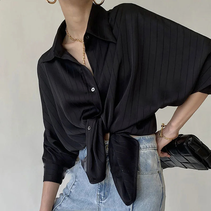 Fashion Striped Satin Silk Shirt Vintage Lapel Up Blouse Women Lady Long Sleeves Female Loose Solid Street Shirts 240805