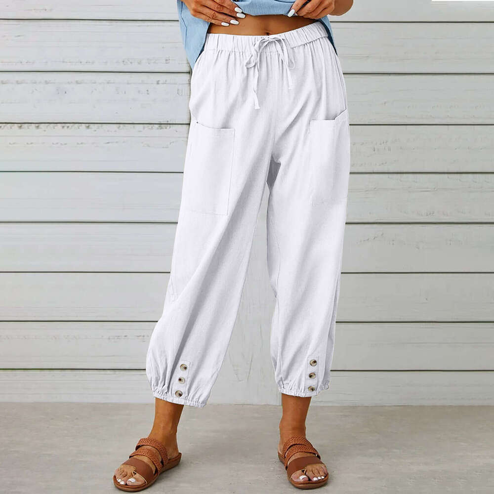 2024 New Loose High Waist Button Cotton Hemp Cropped Wide Leg Womens Pants Cotton Trousers Breathable Nine Points Sport Men Pants Cotton Gold Velvet P