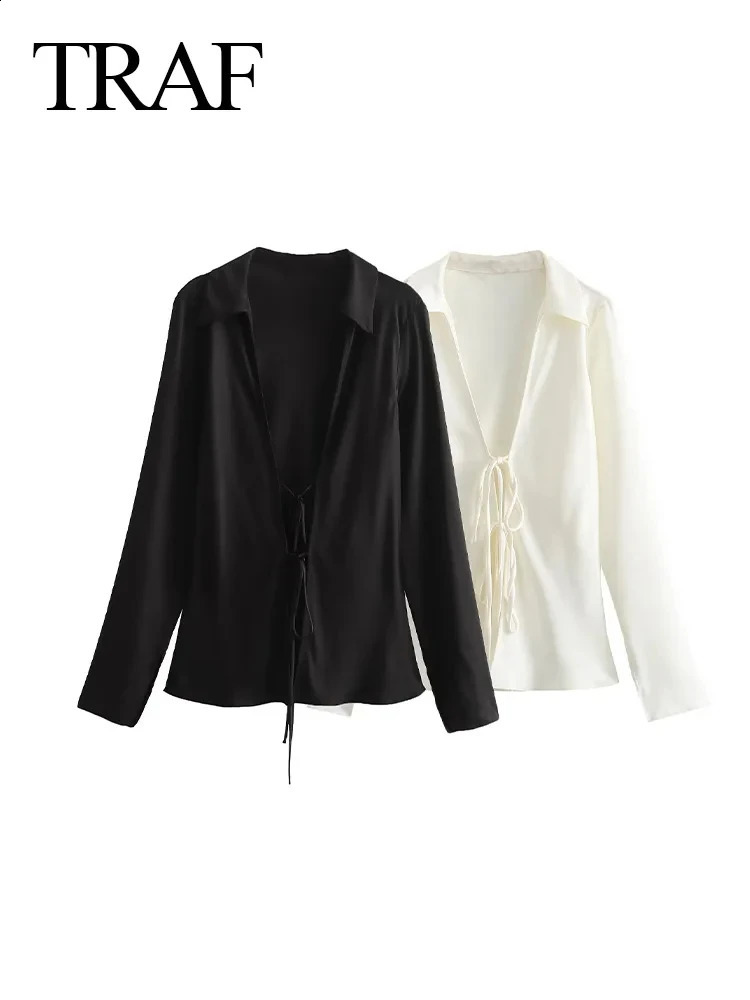 TRAF Fashion Woman Satin Silk Texture White Shirt Casual Loose Bow Embellished Long Sleeve Turn Down Collar Blouses 240805