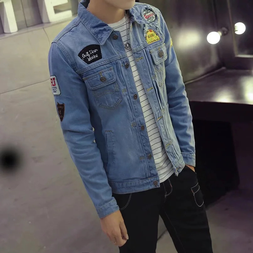 Tear open mens denim jacket ultrathin fashion badge jeans full matching streetwear spring 240824