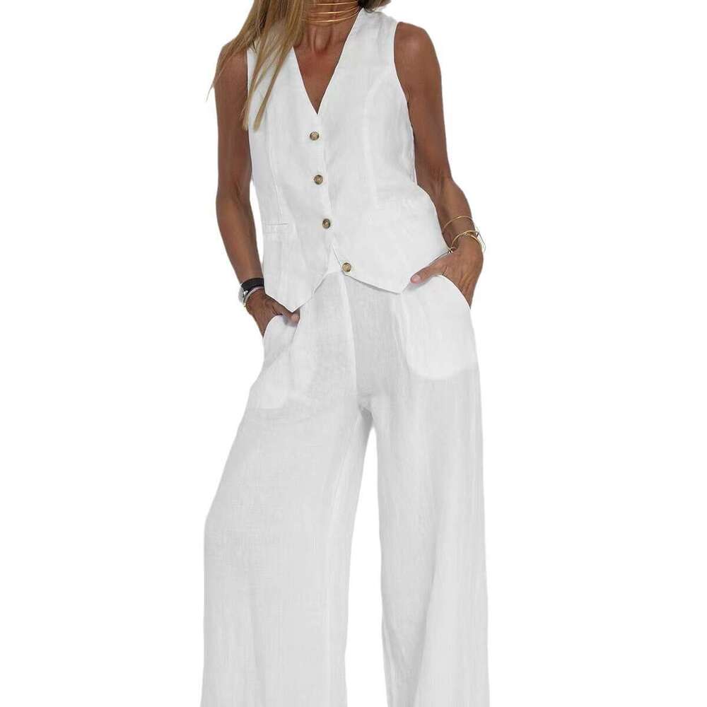 2024 New Fashion Vest Pants Splicing Cotton and Hemp Casual Set