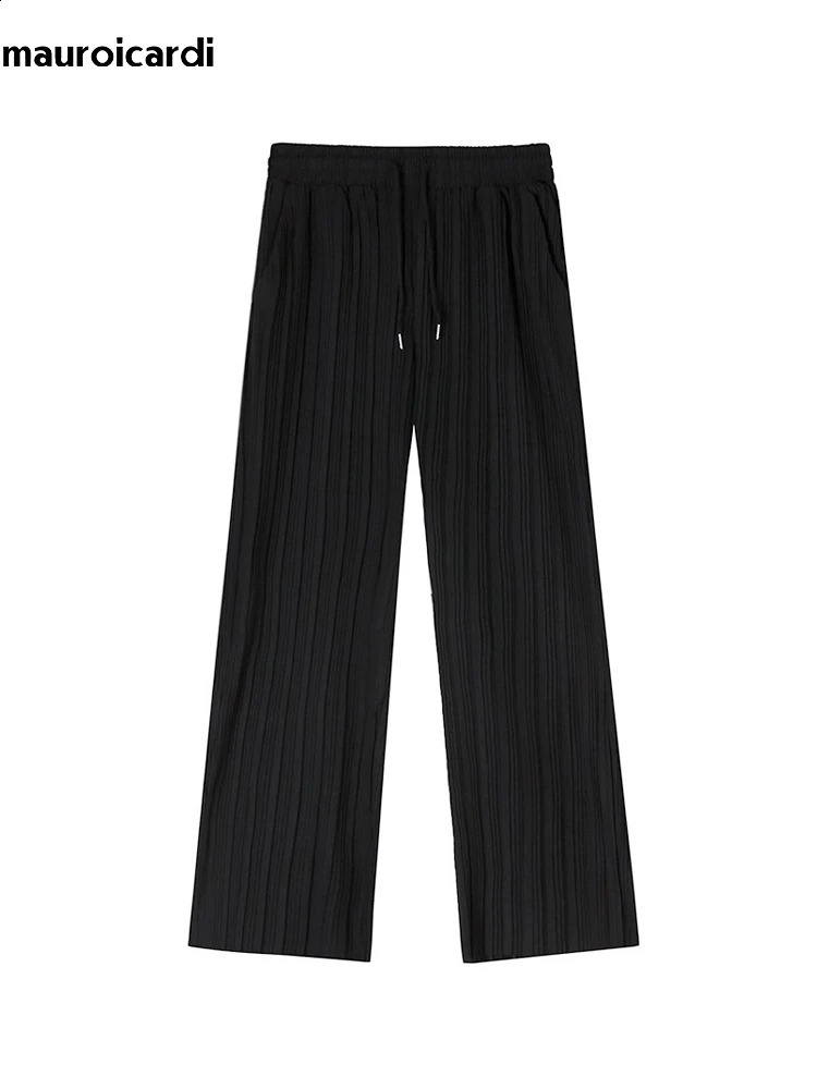 Mauroicardi Summer Black Thin Flowy Baggy Wide Leg Pants for Mens Streetwear Korean Clothing Fashion Loose Casual Soft Trousers 240805