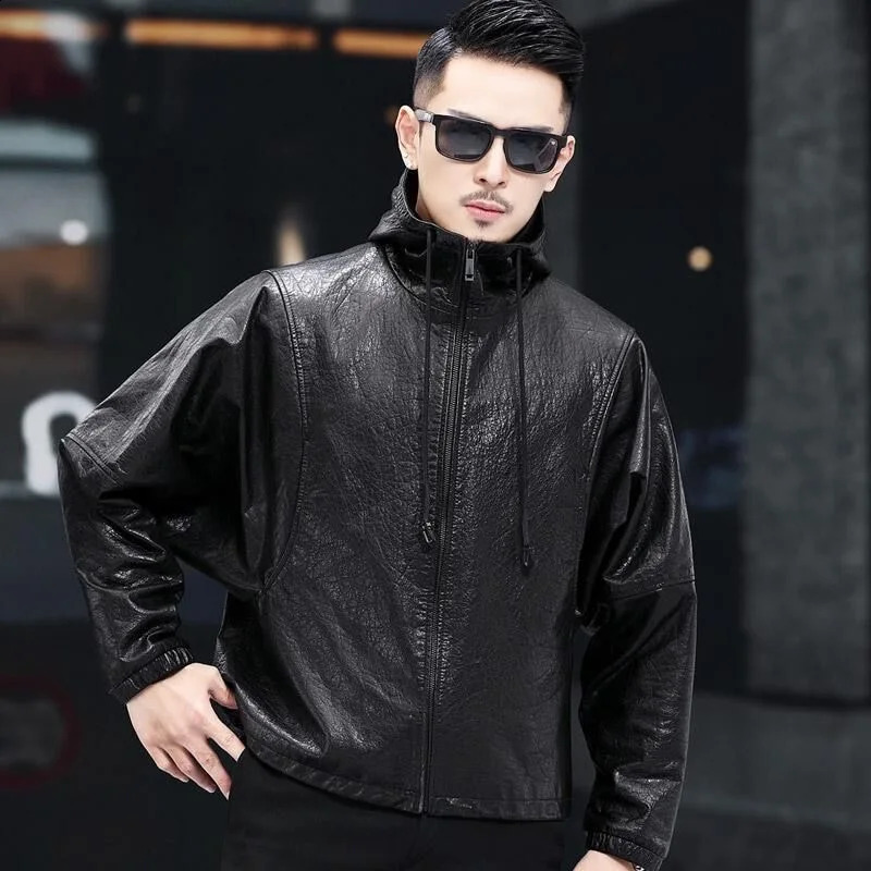 Winter sheep leather coat man hooded bat sleeve casual loose short motorcycle leather jacket 240816