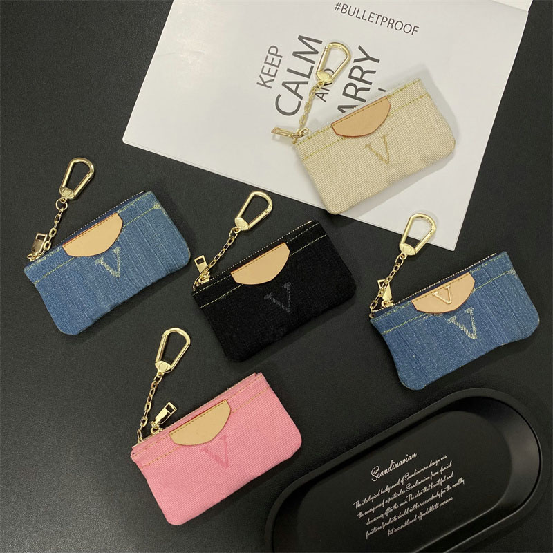 Purse Keychains Denim Designer Zippy Chain Wallets Coin Fold Card Holder Passport Women flower Purses key Pouch 5 colors
