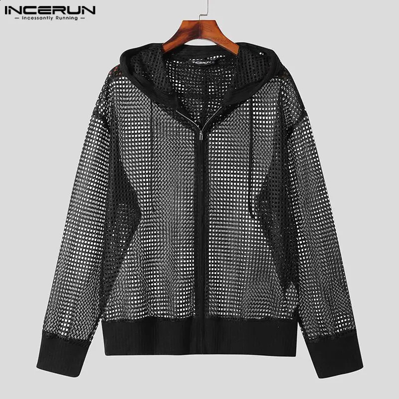 Men Hoodies Mesh Hollow Out Transparent Hooded Long Sleeve Zipper Sweatshirts Streetwear Solid Casual Cardigan Men INCERUN 240805