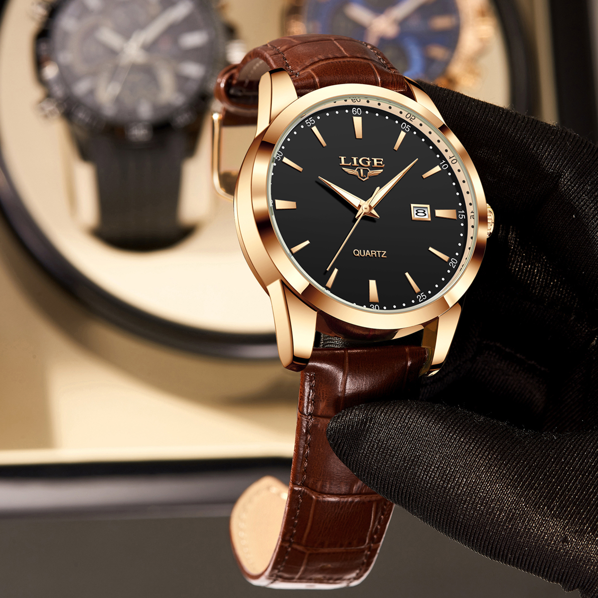 LIGE Men's Business Quartz Watch Premium Brand Watch Premium Leather strap Classic dial Men's Waterproof Watch Three pin calendar watch Holi