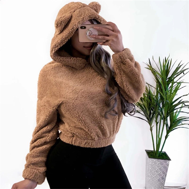 Winter Korean Fashion Bear Ears Cute Loose Hoodie Fluffy Hooded Warm Sweatshirt Long Sleeve Top Solid Pullover Clothes For Women 240813