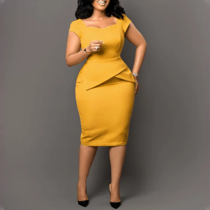 Summer Work Dress Women Elegant Solid Square Collar Short Sleeve Ruffle Hem Bodycon Party Business Midi Dress Women 240805