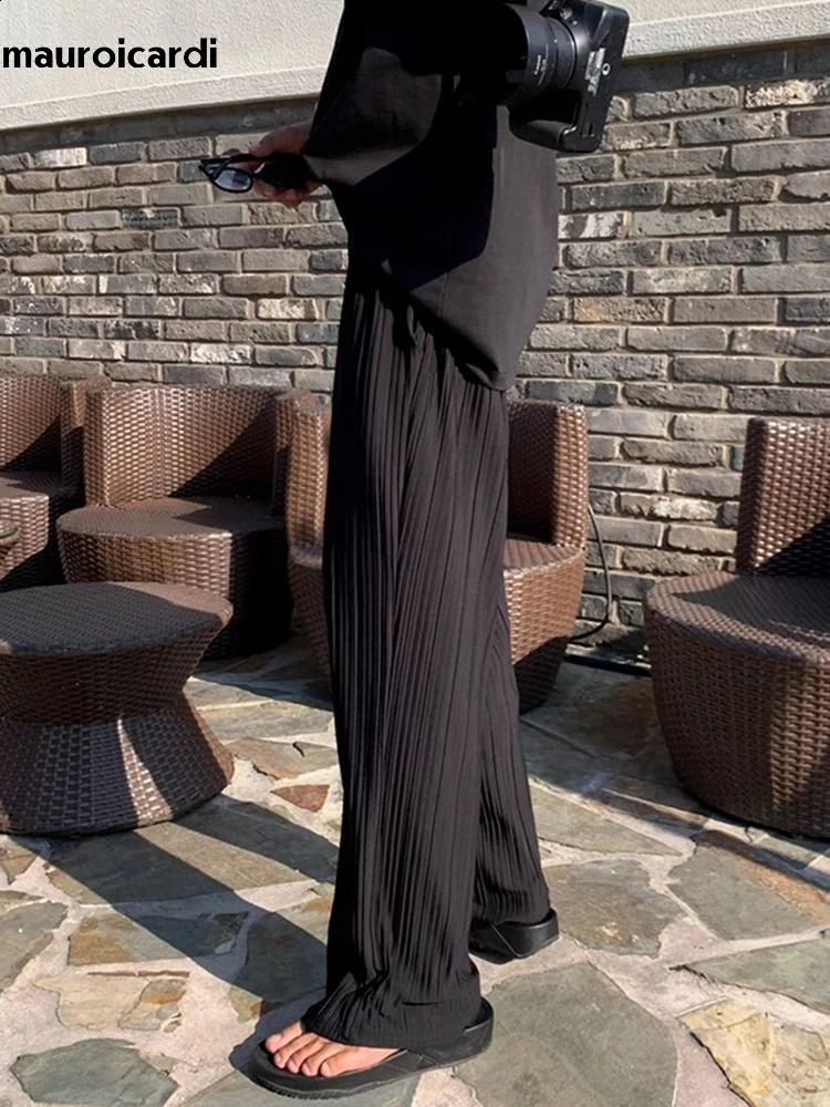 Mauroicardi Summer Black Thin Flowy Baggy Wide Leg Pants for Mens Streetwear Korean Clothing Fashion Loose Casual Soft Trousers 240805