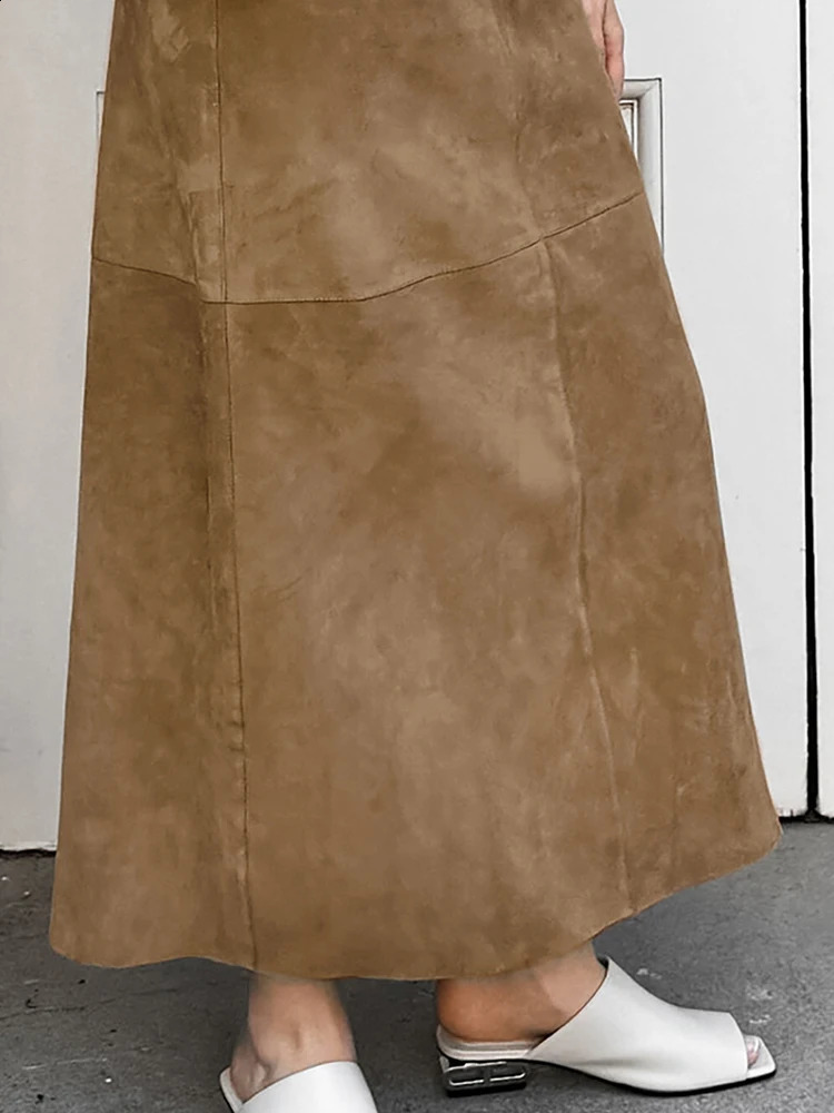 Aynaray Autumn Winter Women Maxi Suede Skirts Solid Khaki High Waist Flare Trumpet Long Skirt For Women 240805