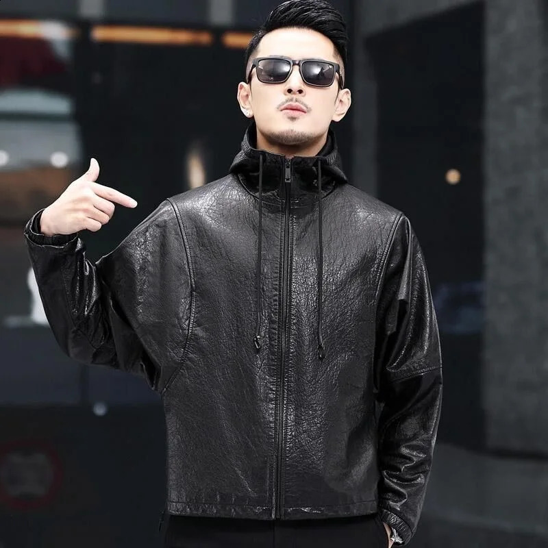 Winter sheep leather coat man hooded bat sleeve casual loose short motorcycle leather jacket 240816