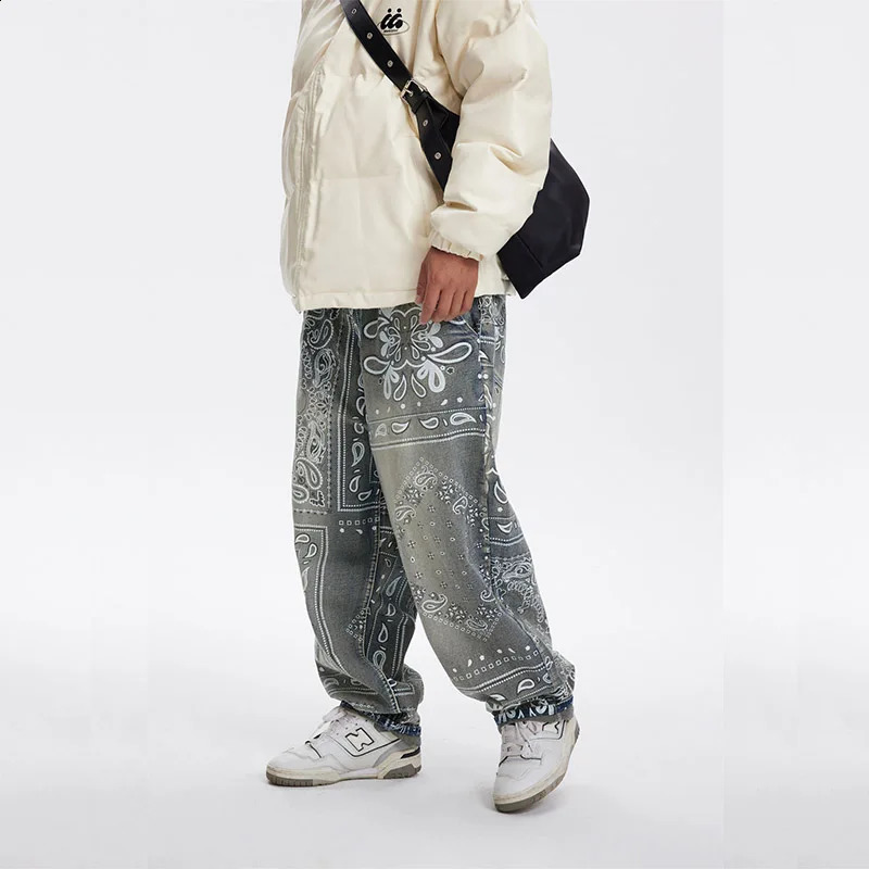Paisley Printed Baggy Jeans Pants Men Hip Hop Vintage Streetwear Denim Trousers Blue 240805
