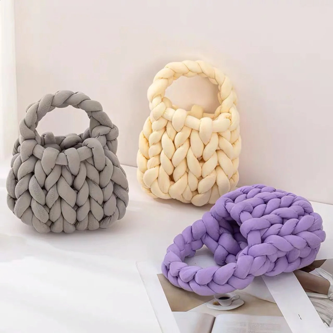 Women Fashion Manual Handbag Woven Bag Knitted Cute Casual Bucket Tote Country Style Simple Trend Clutches 240805