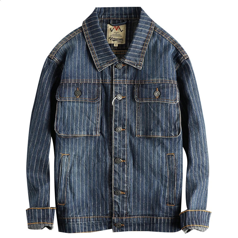 Autumn and winter American retro mens striped washed out casual denim jacket loose 240824
