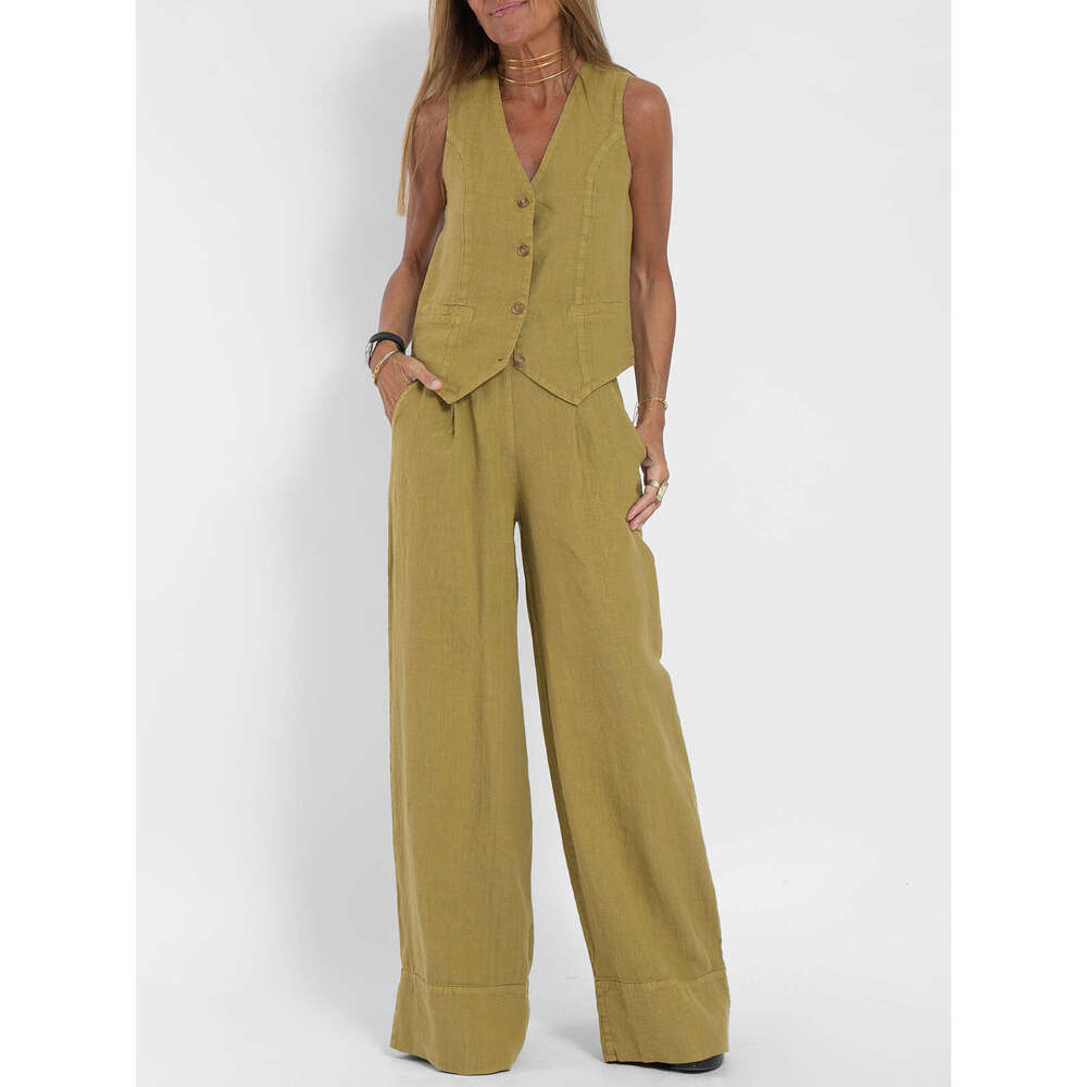 2024 New Fashion Vest Pants Splicing Cotton and Hemp Casual Set
