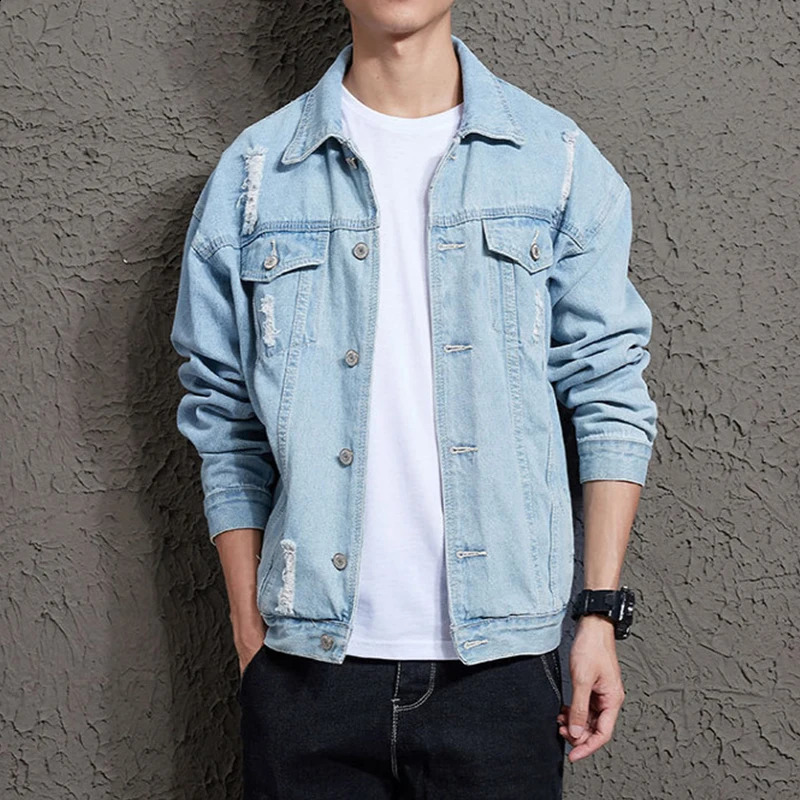 Autumn and winter mens denim jacket casual fashionable hole loose Ruffian bicycle 240824