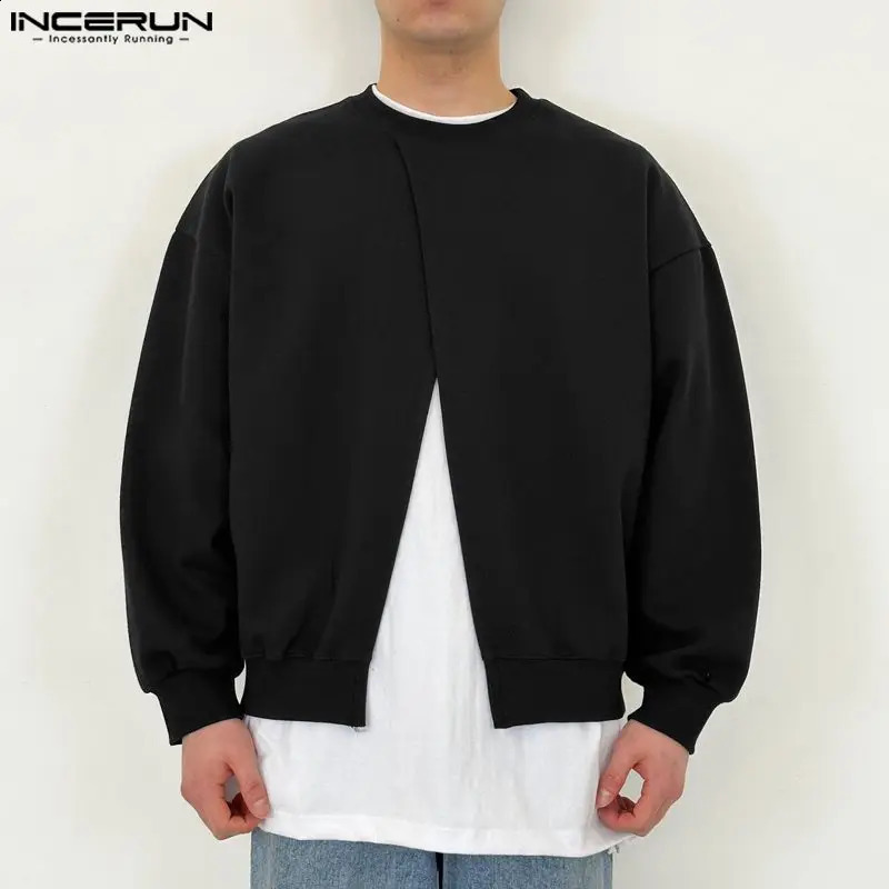 Men Hoodies Solid Color O-neck Long Sleeve Split Casual Sweatshirts Korean Streetwear Loose Male Pullovers S-5XL INCERUN 240805