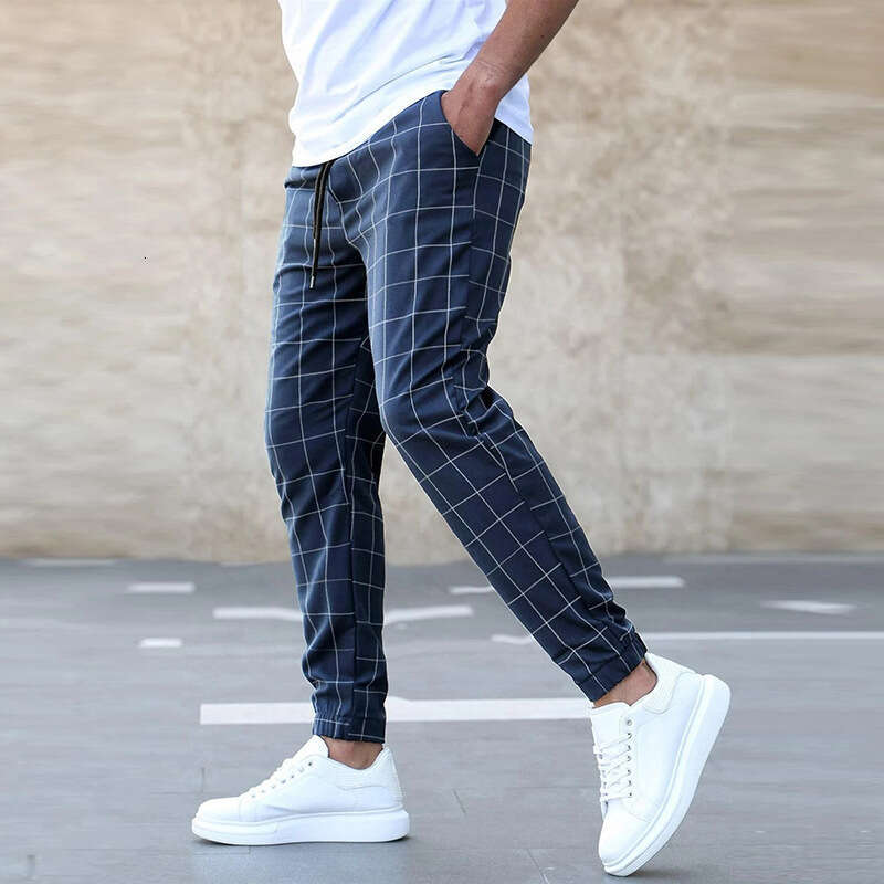 2024 New Street Trendy Checkered Casual Fashionable Perforated Rope Pants Simplicity Bound Feet Harlan Sweatpants Half Pants for Men Jeans for Pregnan