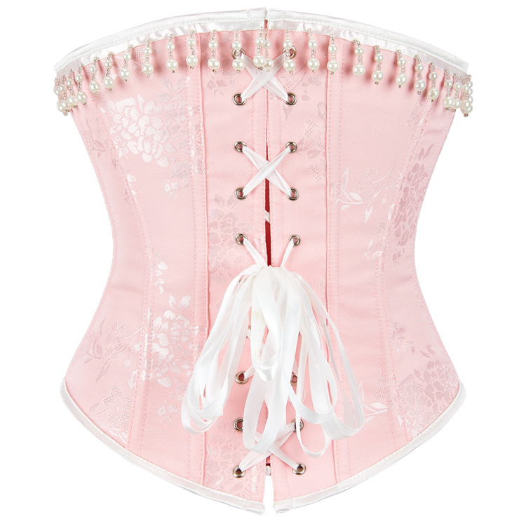Women Pink Brocade Jacquare Overbust Corset with Pearl Beaded Tassels Fashion Shapewear Elegant Christmas Showgirl Clubwear Shaper
