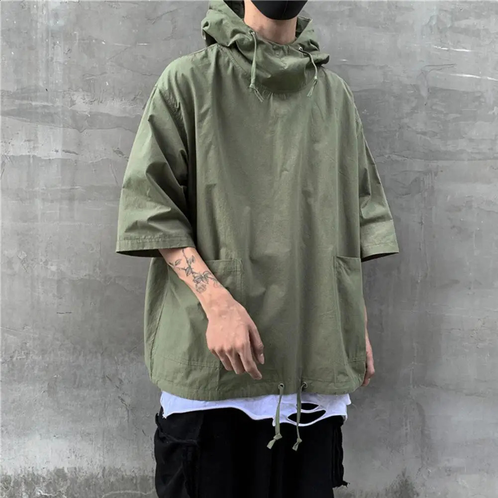 Drop Mens Pullover Hooded Half Sleeve Top Soft Big Pocket Loose T-shirt for Everyday 240805
