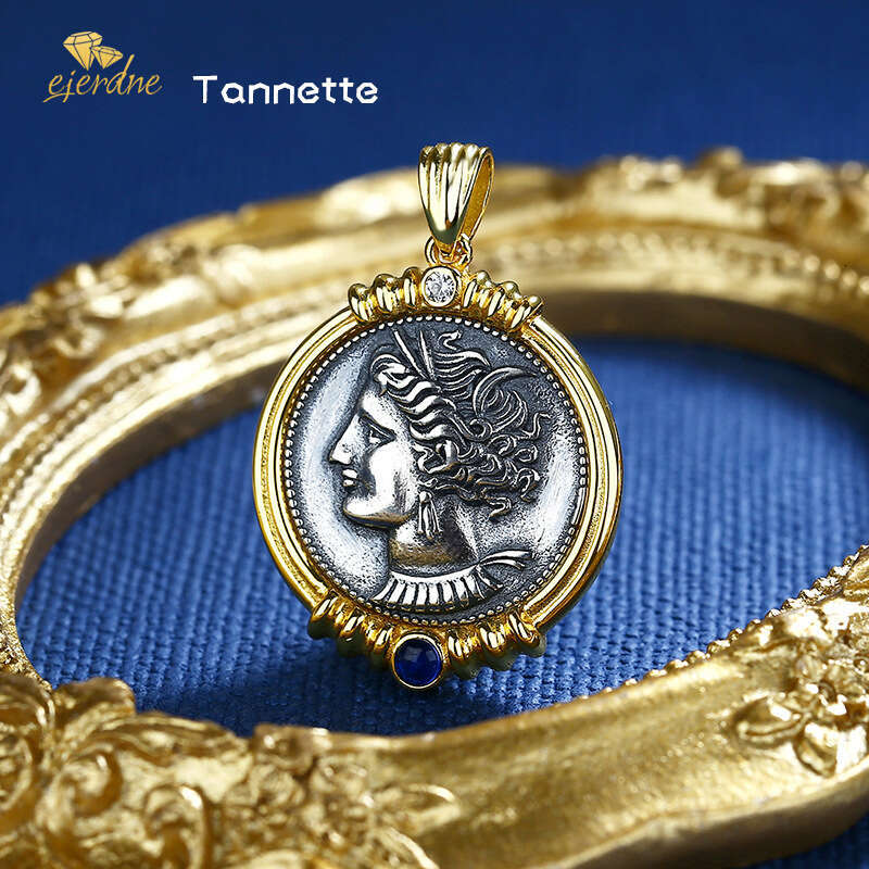 Mythical love sapphire pendant,ancient Greece empress tannette sterling silver coins Pendant,luxury pre-loved necklace European court style accessories