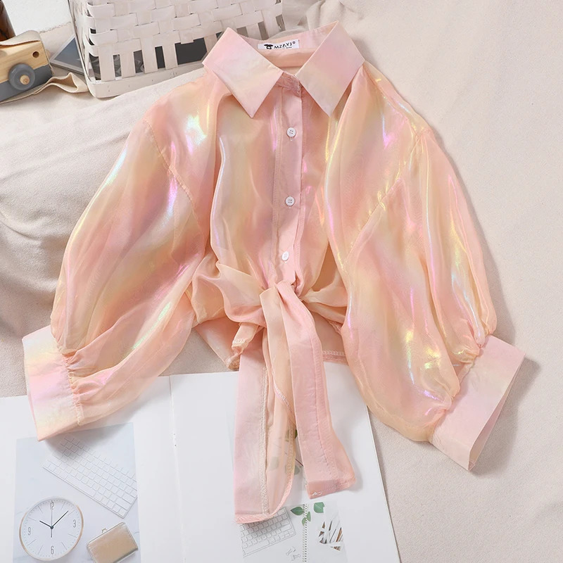 HELIAR Buttoned Up Shirts Women Half Sleeve Shining Sparkles Tied Waist Sexy Chiffon Blouses Shirts For Women Summer Autumn 240805