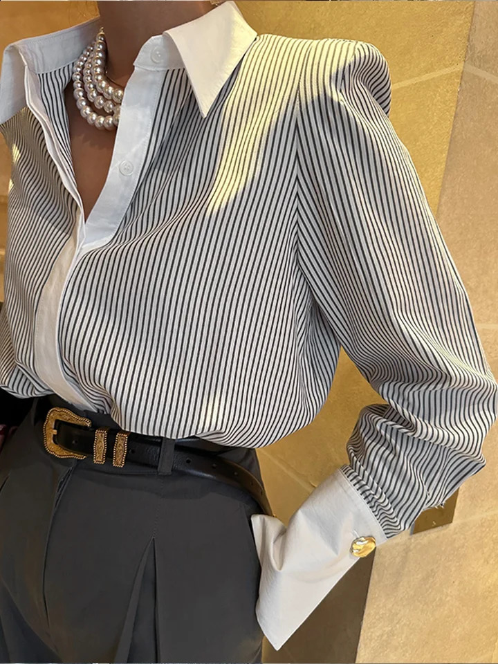 Womens Spring and Autumn Polo Collar Long sleeved Striped Shirt Elegant Office Commuting Fashion Top Pink Grey Blue 240805 - view 4