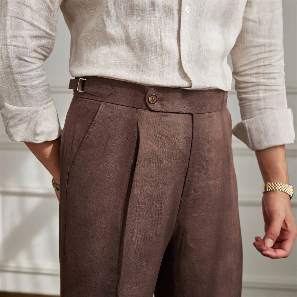 Mr. Lus Three Summers 100 Linen Italian Naples High Waist Mens Lightweight Breathable Casual Trendy Pants 240828
