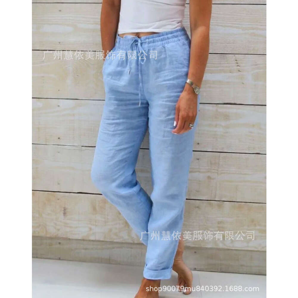 2024 Summer Elastic Waist Solid Color Cotton Hemp Wide Leg Loose Pants Womens Wear Cotton Trousers Straight Tube Plaid Trousers Overalls Gold Velvet P
