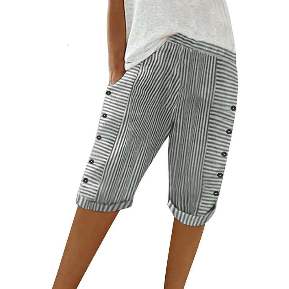 Womens Striped Printed Summer Knee Length Bermuda Casual Elastic Waist Button Shorts Hip-hop Style and Sweat Pants Unisex Waterproof Trousers Man