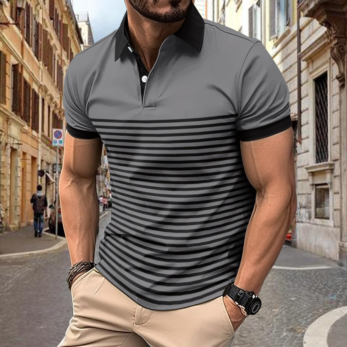 Fashion Polo Cedar Stripe Printed Casual V-neck Button Short Sleeve Men's Comfortable Shirt Top Summer