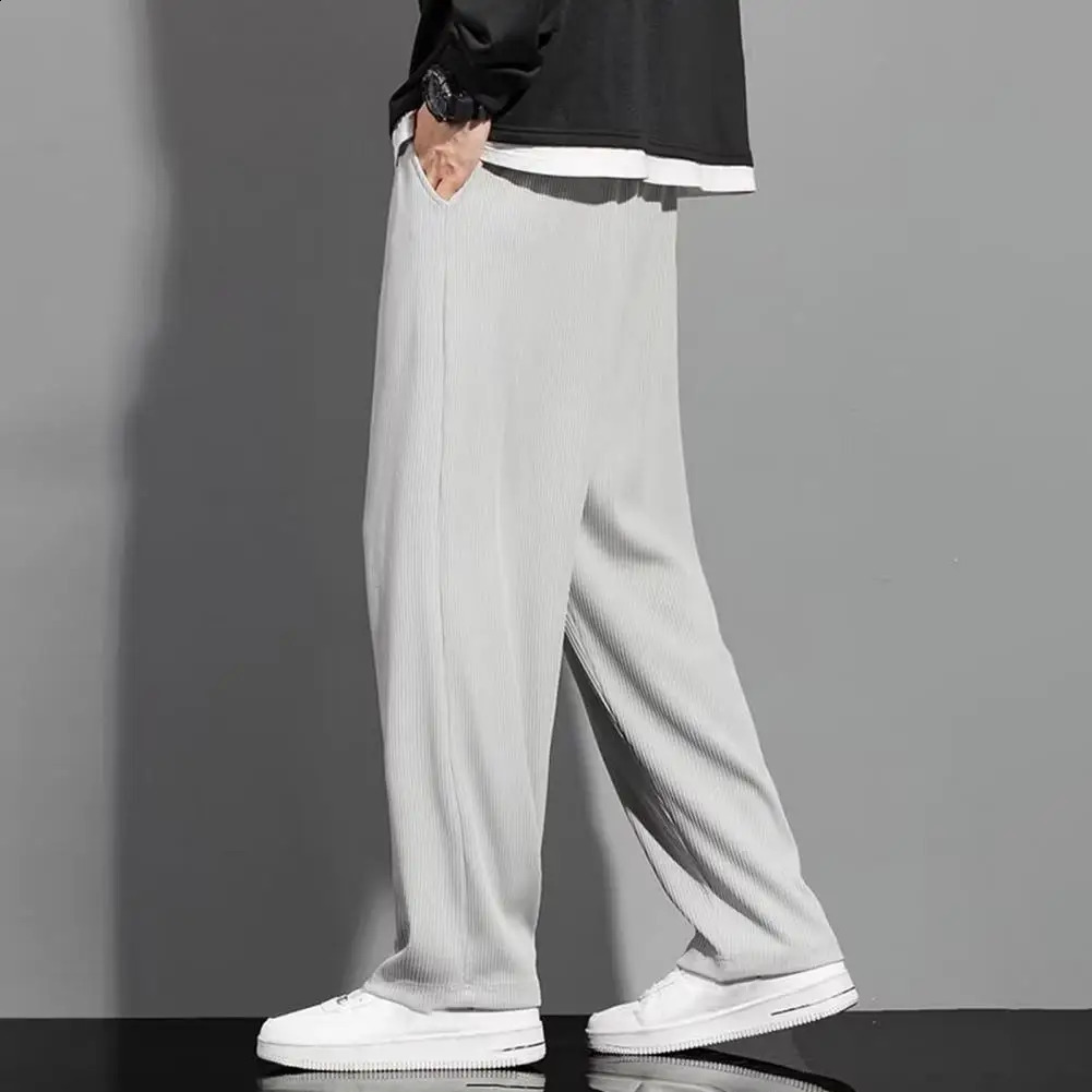 Casual sports pants mens casual pants solid color brushed elastic waist loose fit suitable for pants 240828