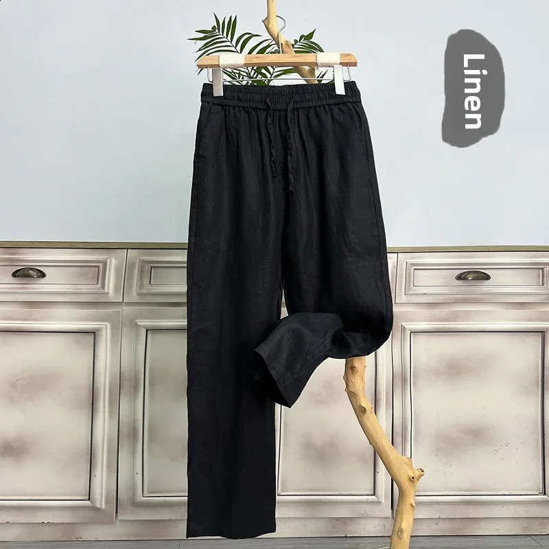 Pure Linen Mens Pants Summer Thin Style Casual Pants Loose Fit Straight Leg Draped Bell Bottoms Comfortable Breathable 240805