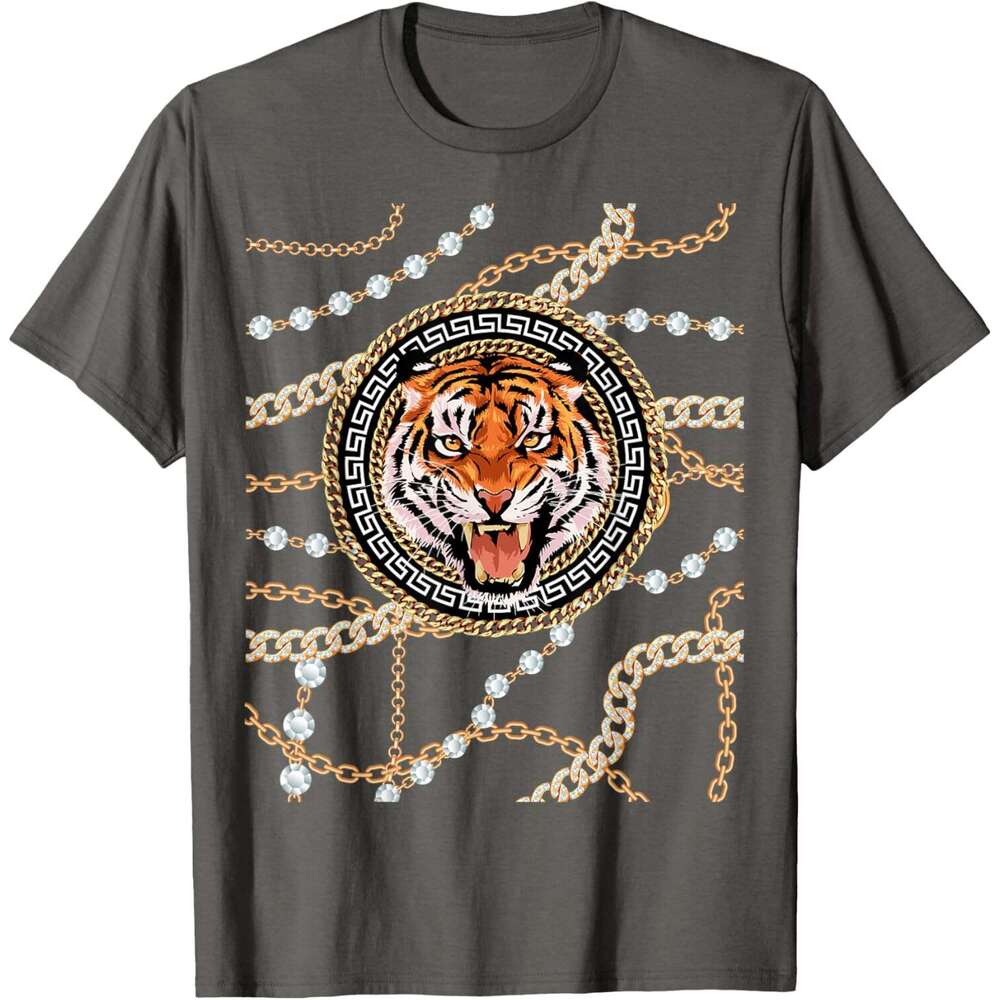 T shirt Mens Rich Wild Tiger with Printed Gold Chains Diamonds Style T-Shirt shirts tshirt graphic tee Casual tops summer clothes Short sleeve
